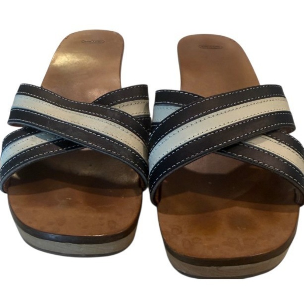 Coach Eliana Calf Womens Wedge Sandals Navy Parchment Strappy US 8
